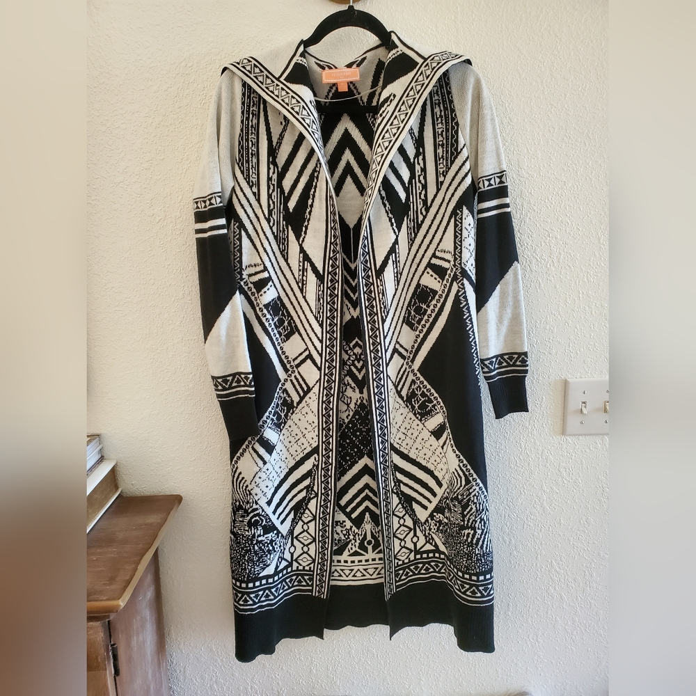 Peachpuff Multicolor Print Fringed Cardigan Aztec Gray Navy Long Size Small